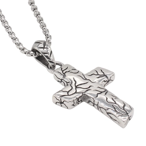 Retro punk cross pendant necklace in silver stainless steel with black texture details