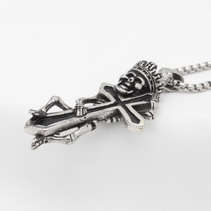 Gothic skull with crown and cross pendant necklace in vintage silver steel for men