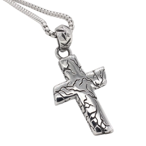 Men's retro titanium steel cross necklace with unique crack pattern on a box chain