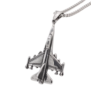 Vintage stainless steel fighter jet pendant necklace with detailed wings for men
