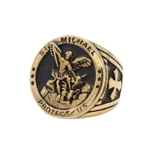 Vintage gold Saint Michael religious ring for men with cross engraving on stainless steel