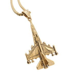 Men's retro fighter jet pendant necklace in gold finish with thick metal snake chain