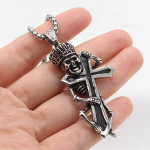Vintage gothic skull wearing crown hugging cross pendant with ball chain necklace for men