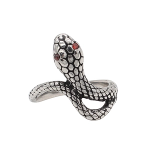 Close-up of vintage steel snake ring featuring red gemstone eyes and scale texture