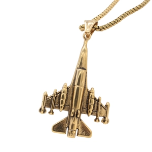 Retro fighter jet pendant necklace in vintage gold finish with box chain for men