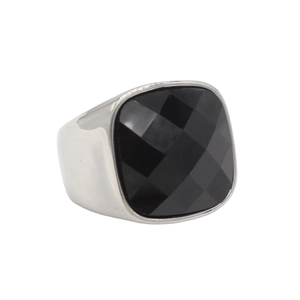 Men's vintage stainless steel ring with square checkerboard cut black gemstone
