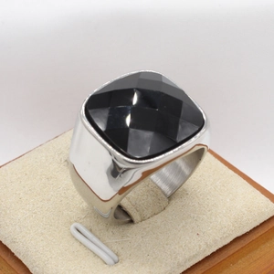 Vintage men's titanium steel ring with a large square faceted black gemstone inlay