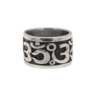 Vintage stainless steel wide band ring with embossed Om symbol and black finish