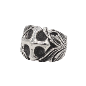 Retro stainless steel cross ring with embossed feather patterns and oxidized silver finish