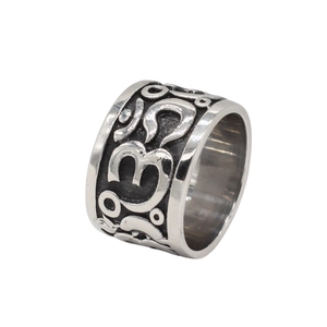 Vintage Stainless Steel Mantra Ring For Men Relief Om Symbol Sanskrit Six-Word Mantra Wide Band Retro Religious Finger Ring