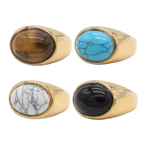 Vintage Oval Tiger Eye Turquoise Gemstone Titanium Steel Ring For Men Women Retro Punk Signet Stainless Steel Band Ring Jewelry