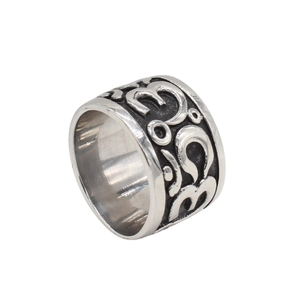 Retro stainless steel wide band ring for men with vintage embossed texture on white background