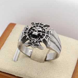 Retro punk skull and cross ring for men in vintage oxidized stainless steel style