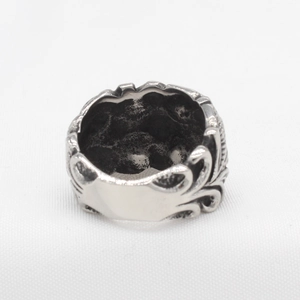 Retro mens silver stainless steel ring with rustic rock texture and oxidized finish