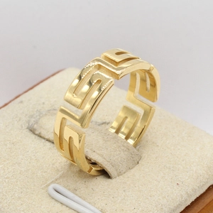 Polished gold stainless steel men's ring with geometric cutout Greek fret pattern
