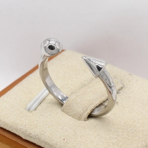 Polished stainless steel open ring with geometric sphere and triangle arrow design