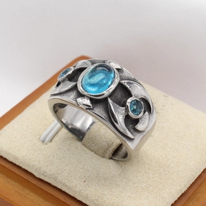 Retro stainless steel wide ring for men with oval blue gemstone in gothic style