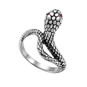 Retro Titanium Steel Snake Ring For Men Women Antique Silver Color Red Rhinestone Eye Punk Gothic Animal Finger Ring Jewelry