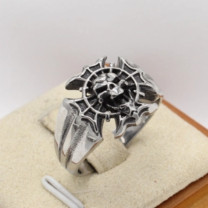 Retro gothic skull ring in stainless steel with spider web and oxidized finish