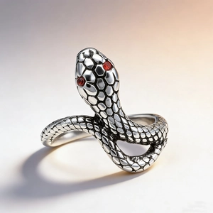 Retro stainless steel snake ring with silver scale texture and red crystal eyes
