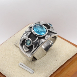 Vintage silver titanium steel men's ring with three blue gemstones and tribal carvings