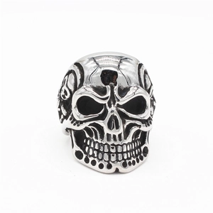Retro gothic skull ring for men in vintage silver stainless steel with ornate engravings