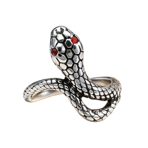 Retro stainless steel snake ring for men with vintage silver finish and red gemstone eyes