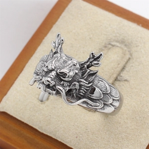 Retro dragon head stainless steel ring for men with vintage finish and scale details
