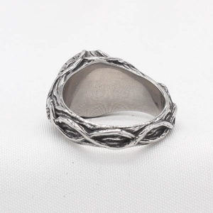 Vintage tree bark texture men's titanium steel ring in antique silver finish