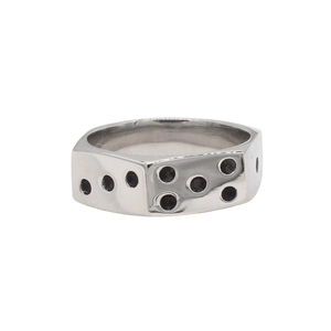 Bague dé hexagonale en acier inoxydable argenté pour homme avec points noirs gravés