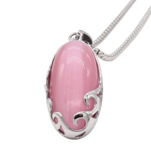 Vintage style pink cat eye stone oval pendant necklace with silver hollow pattern