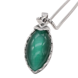 Retro silver necklace with marquise-cut green cat's eye gemstone pendant on white background