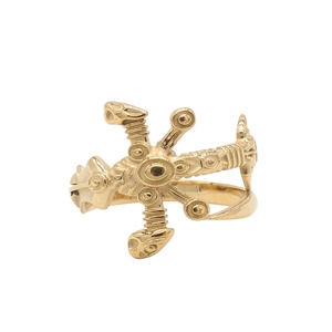 Retro golden sword shield ring for men with beast head relief and sunburst pattern