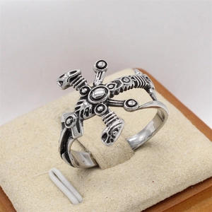Vintage stainless steel sword cross ring with Nordic animal totem engravings