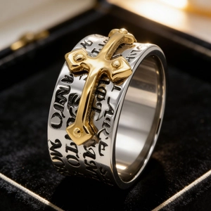 Anello retrò da uomo in acciaio inossidabile con croce dorata e fascia d'argento incisa