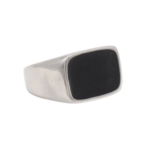 Minimalist silver steel signet ring for men featuring a black rectangular epoxy inlay