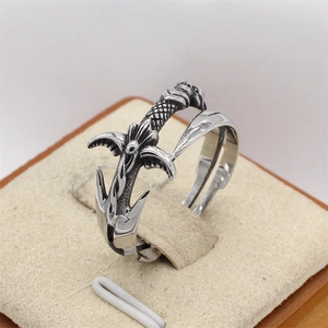 Vintage gothic sword and anchor stainless steel ring with oxidized silver finish