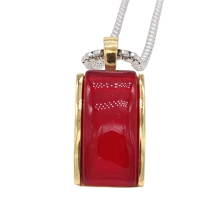 Elegant rectangle red gemstone pendant necklace with gold frame and silver snake chain