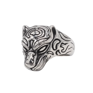 Retro punk style leopard head stainless steel ring with tribal textures on white background