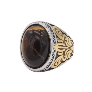 Vintage-Ring aus Edelstahl mit ovalem Tigerauge-Stein und goldener Reliefprägung