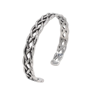 Vintage silver stainless steel open cuff bracelet with Nordic braided hollow design