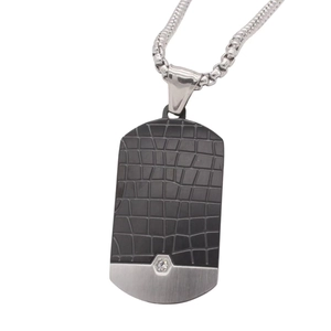 Men's dog tag necklace with black alligator texture, silver metal, and crystal inlay