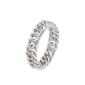 Detailed close-up of a polished silver cuban link chain ring for men in stainless steel