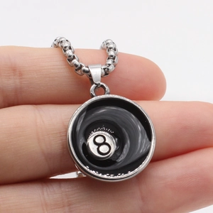 Collier pendentif billard numéro 8 rétro en acier inoxydable avec chaîne à gros maillons