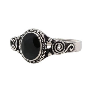 Vintage stainless steel ring with large oval black onyx stone and engraved details