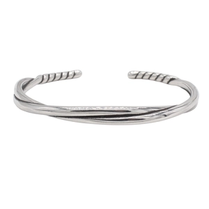 Detailed view of silver twisted stainless steel cuff bracelet for men on white background