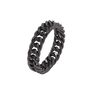 Macro view of black polished Cuban chain link ring made of durable stainless steel
