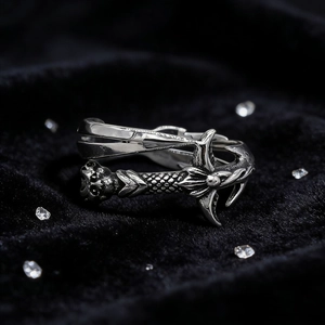 Gothic vintage sword and skull titanium steel ring with a retro silver finish for men