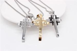 Three-piece set of men's titanium steel cross necklaces in gold, silver, and black finishes