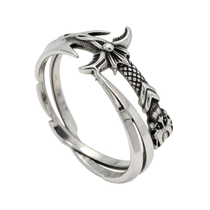Gothic vintage sword wrap ring in oxidized titanium steel with detailed knightly handle